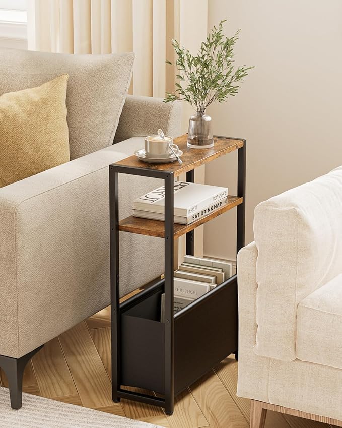 Narrow Side Table End Table, 3-Tier Side Table with Storage Bag, Narrow Nightstand for Small Spaces, Bedside Table for Living Room, Bedroom, Rustic Brown