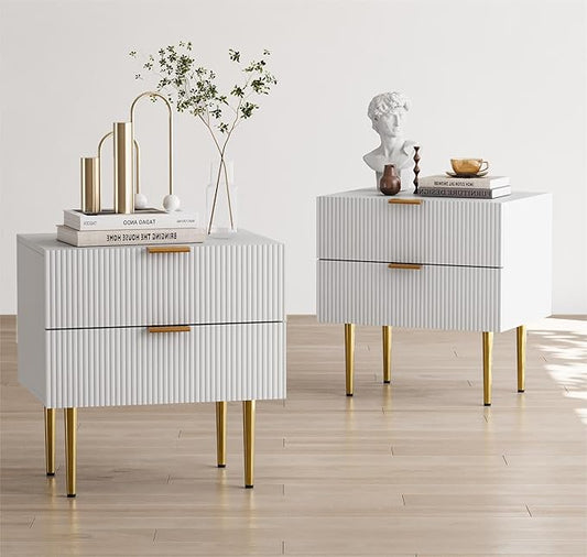 White Nightstand for Bedroom, Fluted Night Stand Set of 2, Mid Century Modern Bedside Table with Gold Metal Legs