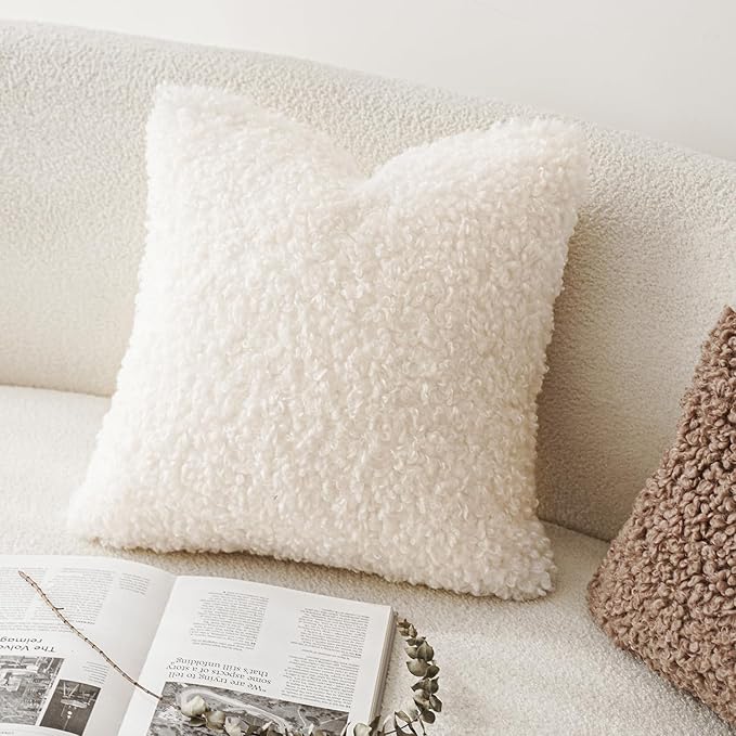 Foindtower 2 Pieces Faux Fur Throw Pillow Cover Accent Sherpa Pillow Fuzzy Soft Pillowcases Sheepskin Decorative Fleece Cushion Case for Bed Couch Living Room 18x18 Inch White
