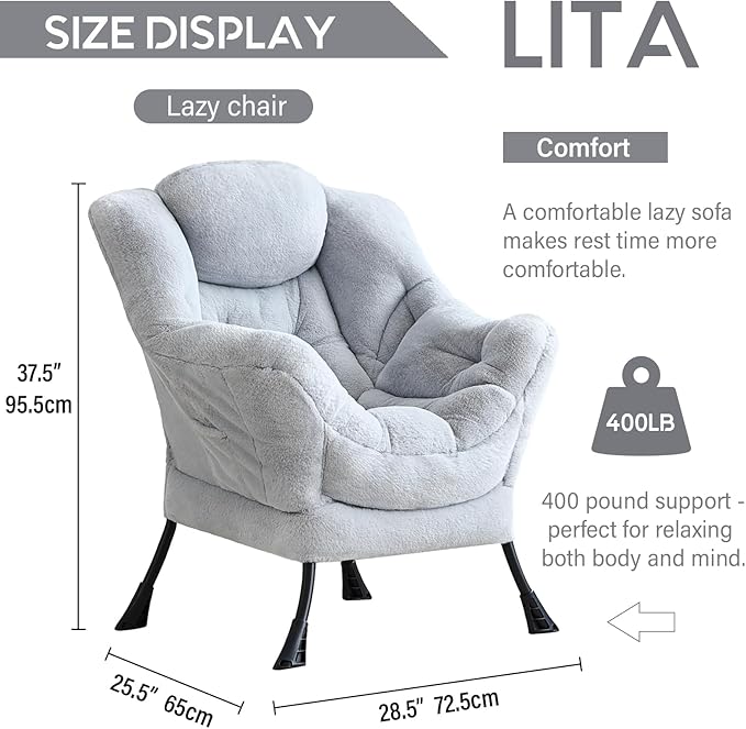 LITA Lazy Chair with Ottoman, Modern Accent Leisure Upholstered Sofa, Contemporary Lounge Reading Chair with Armrests and a Side Pocket for Living Room, Bedroom & Small Space, Single Plush Grey