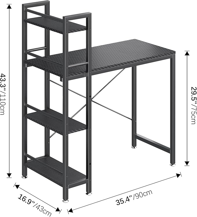 4NM 35" Small Computer Desk with 4-Tier Bookshelf, Home Office Desk Writing Workstation Study Table Multipurpose for Small Space Work - All Black