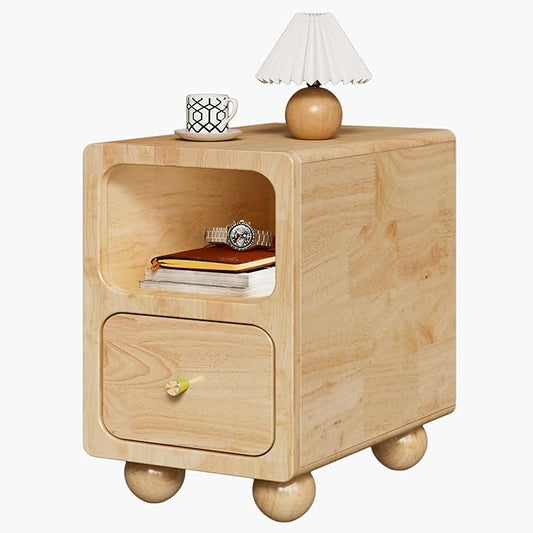 Solid Wood Night Stand, Narrow Night Stand with Drawers, Natural Mid Century Modern Nightstand, Small Beside Table with Open Storage Shelf for Bedroom (12 inch)