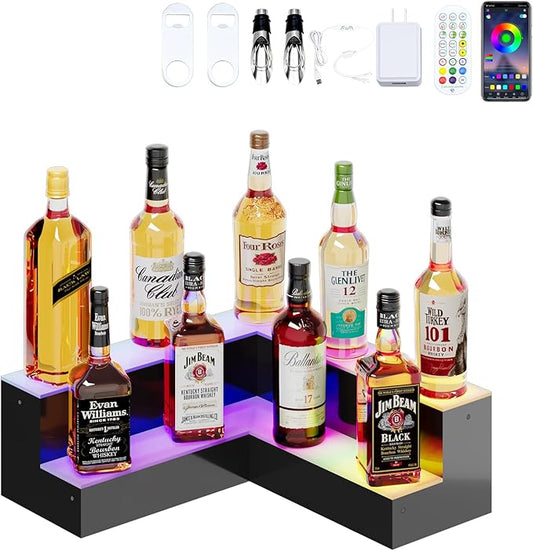 Dethan 2 Tier 20 Inch Liquor Bottle Display Shelf - L-Shape Corner Wine Racks with Multi-Color App & Remote Control, Adjustable Brightness & Sound Modes, Acrylic Bar Shelves for Displays