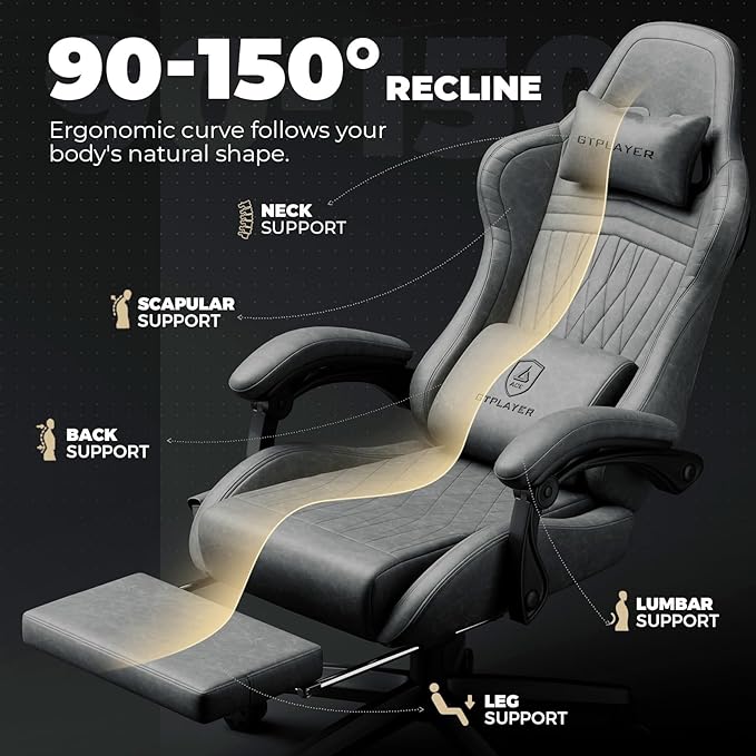 GTPLAYER ACE-PRO Music Gaming Chairs – Built-in Speakers, App Support & Bluetooth Control, Footrest & Pocket, Gamer Chair for Adults, Grey