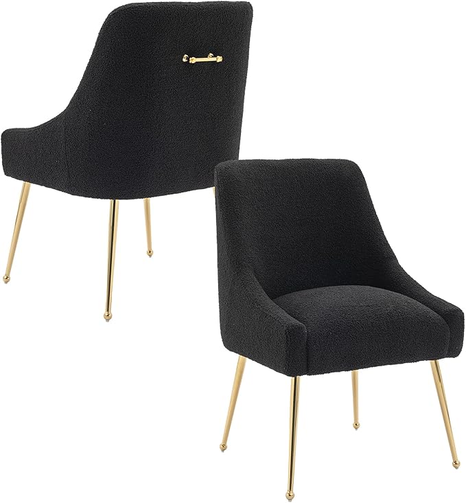 Modern Velvet Dining Chairs Set of 4, Contemporary Upholstered Furniture Collection with Polished Gold Metal Legs, Elegant Accent Chairs for Kitchen Living Room(Teddy Fleece,Black)