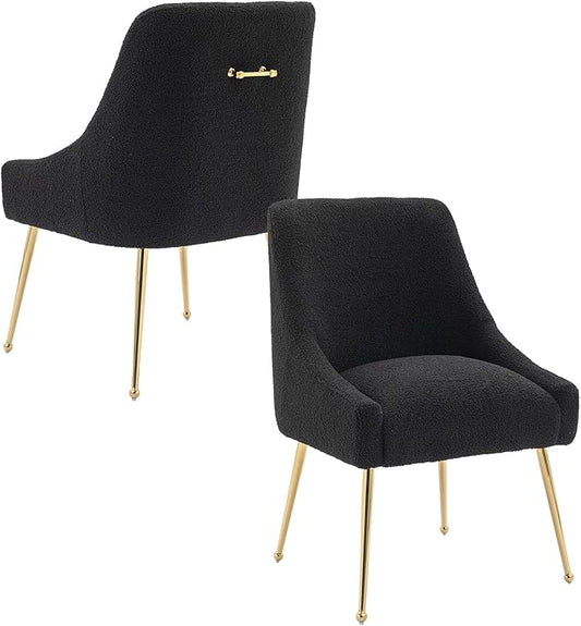 Modern Velvet Dining Chairs Set of 6, Contemporary Upholstered Furniture Collection with Polished Gold Metal Legs, Elegant Accent Chairs for Kitchen Living Room(Teddy Fleece,Black)