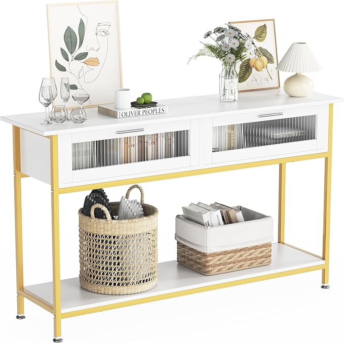Aetheris 47" Console Table with 2 Drawers, 2 Tier Sofa Table with Storage,Entryway Table, Industrial Console Table for Entryway, Sofa Table Behind Couch for Living Room (White)