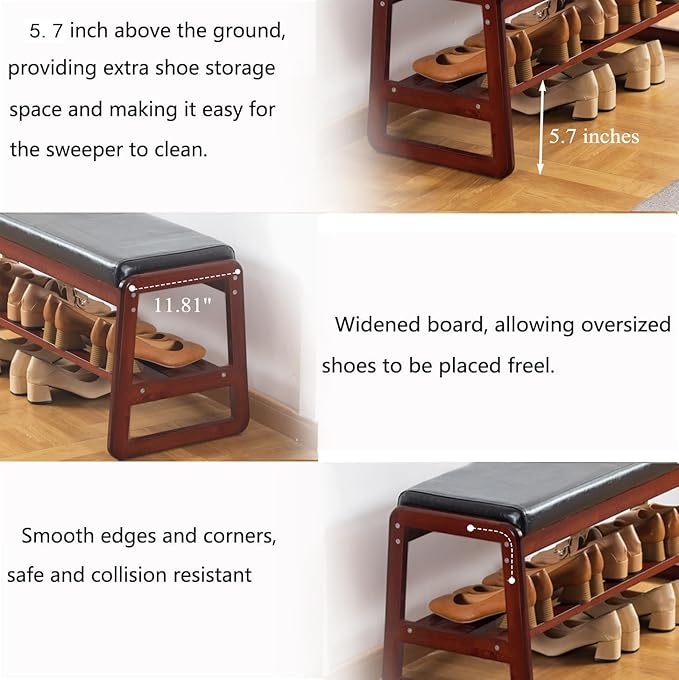 Solid Wood Shoe Bench, 2-Tier Wooden Entryway Bench, Modern Shoe Rack with Faux Leather Cushion for Hallway, Living Room (Black, 21.65'')