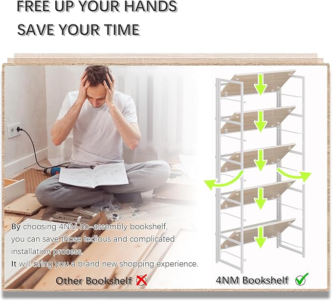 4NM No Assembly 5 Tiers Book Shelves, White Folding Bookshelf Bookcase Open Industrial Foldable Shelves for Bedroom, Living Room, Home Office - Natural White