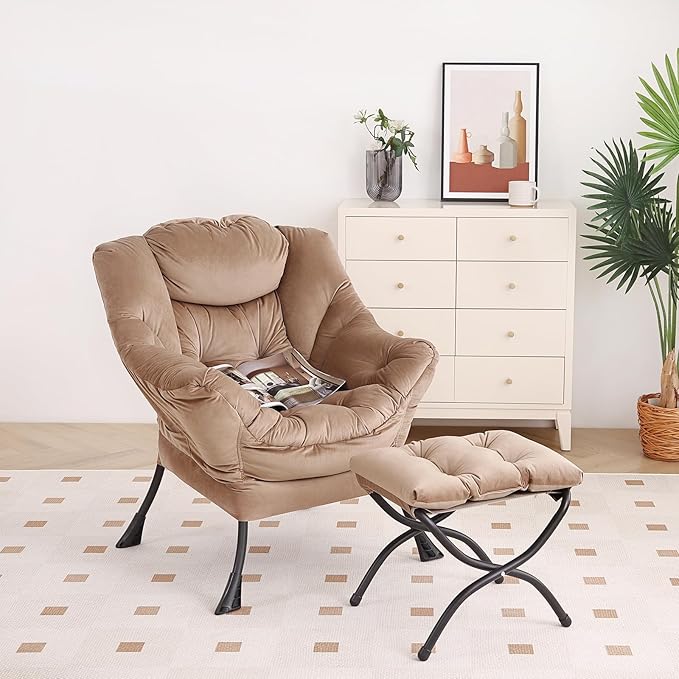 Lazy Chair with Ottoman, Modern Chair with Folding Footrest, Lounge Accent Chair, Comfortable Reading Chair, Oversized Armchairs for Bedroom, Study, Living Room, Courtyard (Khaki)