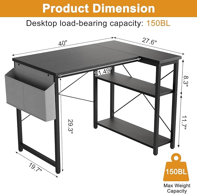 L Shaped Computer Desk with Reversible Shelves, 40 Inch Small Corner Desk with Storage Bag, Gaming Desk Computer Table Study Writing Table for Home Office Bedroom Small Space, Black