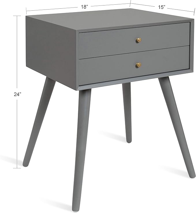 Kate and Laurel Finco Midcentury Modern Style Side Table with 2 Drawers, Gray Finish with Brass Hardware
