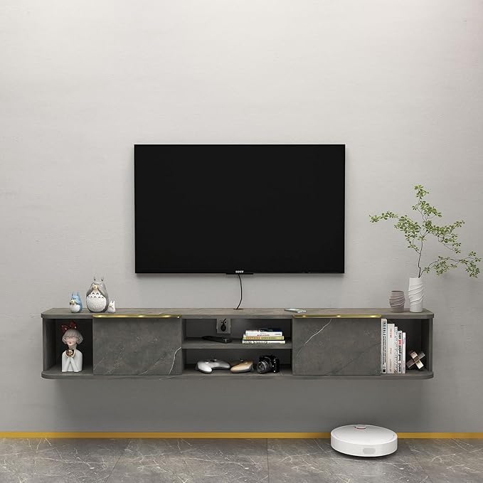 Pmnianhua Floating TV Stand with 2 Drawers,78'' Wall Mounted TV Cabinet,Floating Shelf for Under TV,Floating TV Unit with Stoarage for Bedroom Living Room(Grey)
