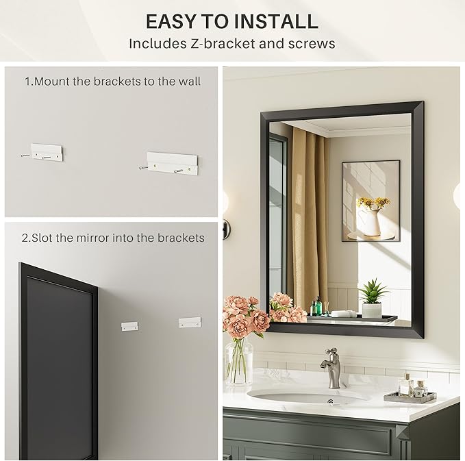 40x32 Inch Black Bathroom Mirror for Wall, Thick Metal Framed Rectangle Mirrors for Over Sink, Bedroom, Living Room, Entryway, Anti-Rust, HD Tempered Glass