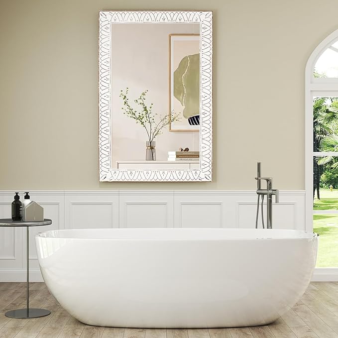 36x24 Inch Farmhouse Rectangle Wall Mirrors with Wooden Frame, Rustic Decorative Rectangular Mirror for Living Room, Bedroom, Bathroom, Entryway - Vertical/Horizontal Hanging