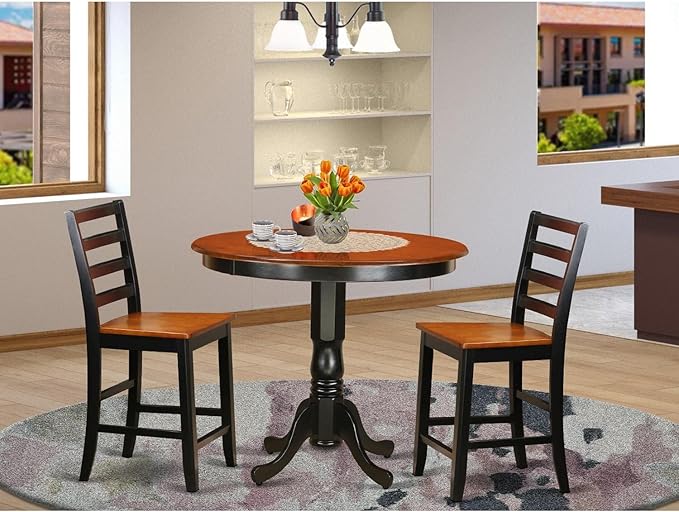 East West Furniture TRFA3-BLK-W 3 Piece Counter Height Dining Set for Small Spaces Contains a Round Dining Room Table and 2 Wooden Seat Chairs, 42x42 Inch, Black & Cherry