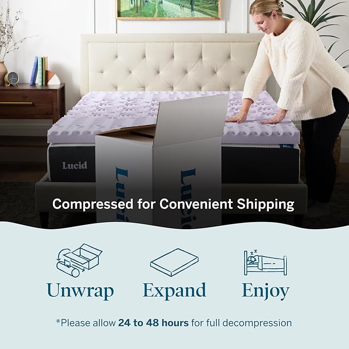 Lucid Lavender Infused 3 Inch Memory Foam Mattress Topper - Full XL Size - Plush Feel - 5 Convoluted Zones - CertiPUR Certified - New Home Owner & Dorm Room Essentials