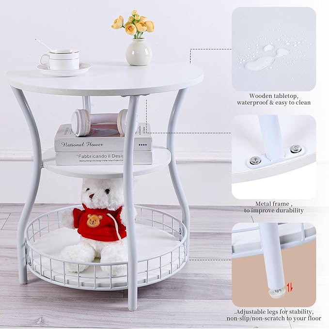 Round End Table, 3-Tier Side Table with Storage, Accent Corner Sofa Beside Table for Small Spaces,Steel Frame Nightstand for Living Room, Bedroom, Small Coffee Table,White