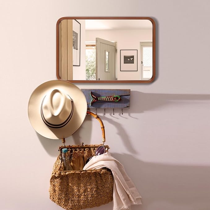 WallBeyond 18x24 Inch Wood Mirror for Bathroom, Wooden Frame Wall Mirror Farmhouse Wall Mounted Rectangle Mirror for Vanity (Horizontal/Vertical Walnut Color)