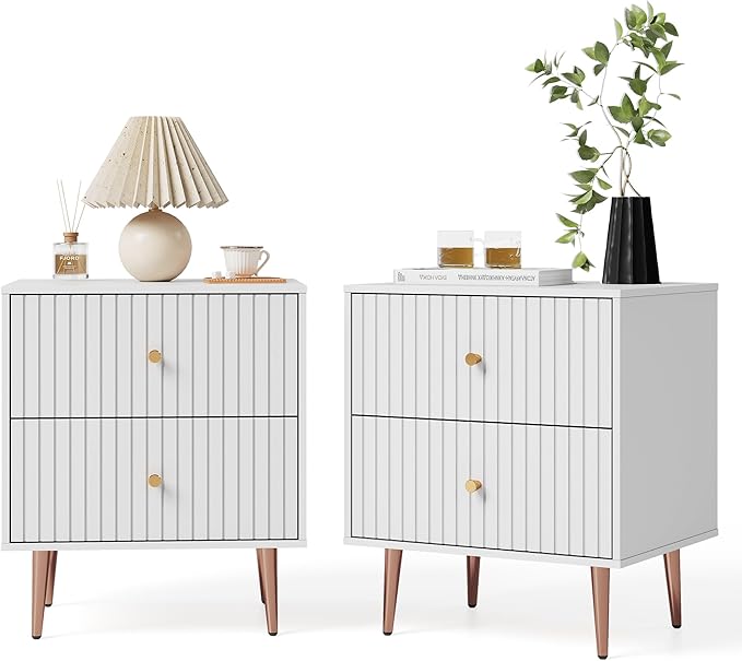 White Night Stand Set 2,Modern Bedside Table with 2 Drawers Storage,Fluted Nightstand and Wood End Side Table with Rose Gold Metal Legs and Handles for Bedroom,White