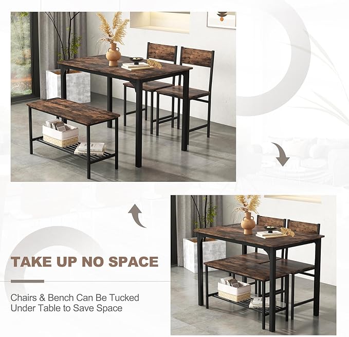 Giantex Dining Table Set for 4, Kitchen Table with Bench and Chairs, Industrial Gathering Bench Dining Set W/Metal Frame & Storage Rack, Dinette Set, Modern Functional Desk Set (Coffee)