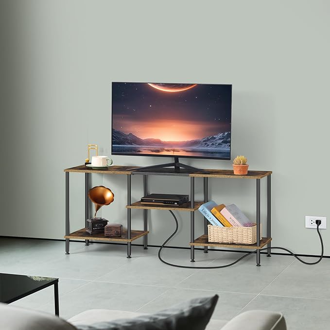 BTY Rustic TV Stand with Storage, 50 inch TV Console Table with Charging Station 3 Tier Small Entertainment Center for Bedroom, Living Room, Brown