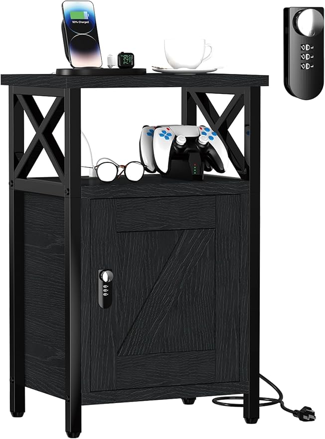 Wooden Nightstand with Charging Station, Bed Side Table with Drawers, Bedside Table with Lock, 3 USB & 2 Outlets, Night Stand with Storage, End Tables for Living Room, Bedroom, Dorm, Black
