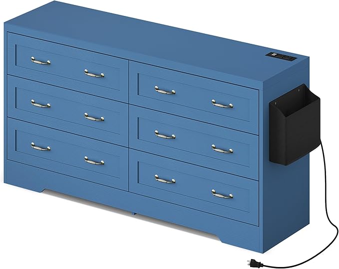 YITAHOME Drawers TV Stand for 65 inches with Power Outlets -Chest of Drawers Dresser with Side Organizer Bag Entertainment Center TV Console, Blue