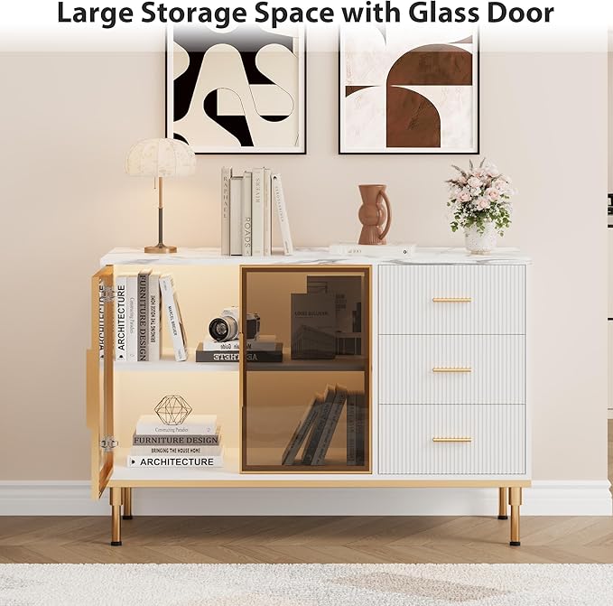 Buffet Sideboard Cabinet with Storage, 46.4" Large Fluted Kitchen Sideboard Cabinet with 2 Glass Doors 3 Drawers and Shelves, Faux Marble Top Buffet Table for Dining Room, Living Room, White