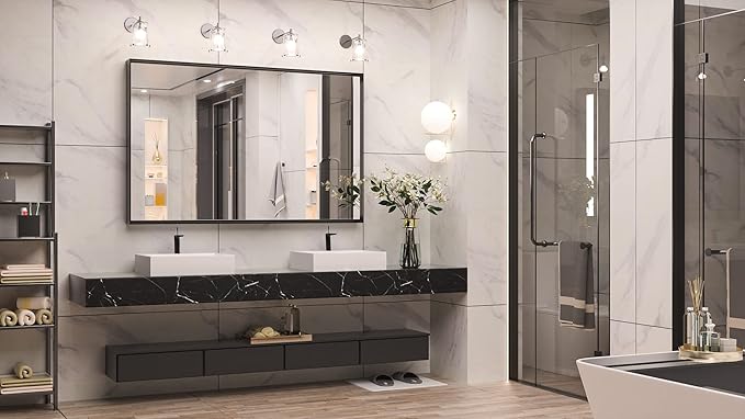 Keonjinn Black Framed Mirror for Bathroom 48 x 30 Inch Large Matte Black Bathroom Mirror Rectangle Wall Mirror Square Corner Metal Frame Farmhouse Bathroom Mirror for Over Sink(Horizontal/Vertical)
