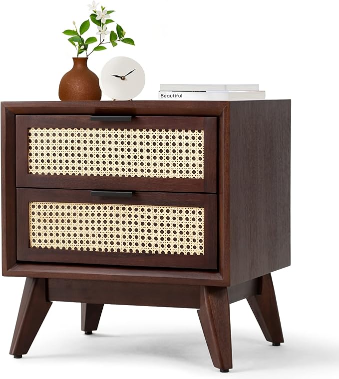 Bme Jasper Deluxe Solid Wood Rattan Nightstand Fully Assembled-Mid Century Modern Side Table with 2 Drawers-Multipurpose use for Living Room, Bedroom-Walnut