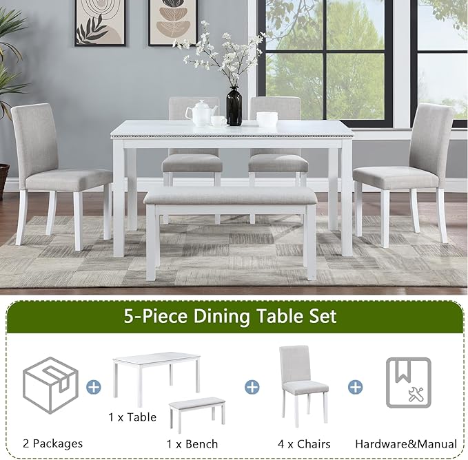 soges 6 Piece Wooden Dining Table Set, Dining Room Table with 4 Upholstered Chairs and Bench, Rectangular 6-Person Kitchen Dining Table Set with Crystal Decoration, White