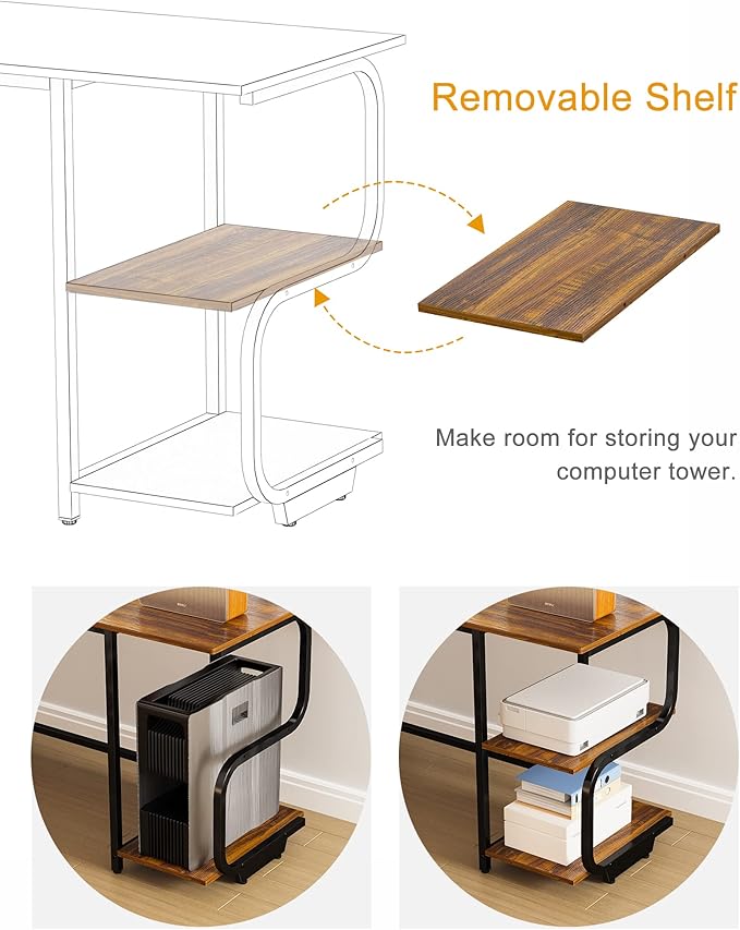 Teraves Modern L Shaped Desk with Shelves,64.84" Computer/Gaming Desk for Home Office,Corner Desk with Desktop (Teak+Black Frame, Large+4 Tier Shelves)