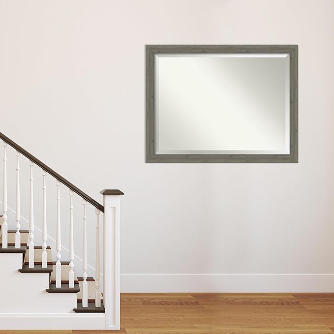 Amanti Art Grey Wall Mirror 35x45 Fencepost Grey Narrow Rectangle Bathroom Mirror for Wall Decor Living Room, X-Large Country Rustic Wood Frame, Hangs Horizonally and Vertically, Bathroom Decor,