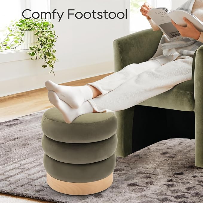 COLAMY Velvet Ottoman Footstool, Tufted Modern Foot Rest Stool with Wood Base for Living Room, Bedroom, Desk, Round Versatile Side End Table, Pouf, Makeup Seat, Green