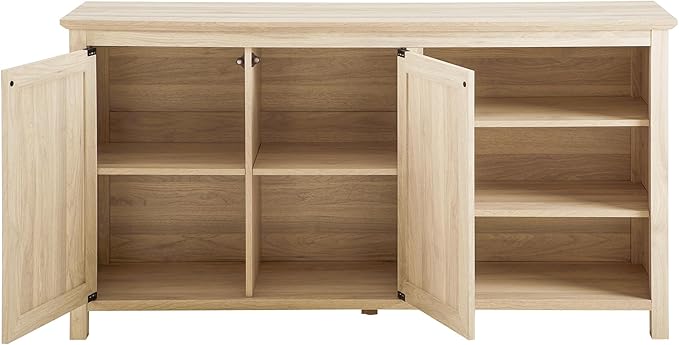 Walker Edison Modern Wood Grooved Buffet Sideboard with Open Storage-Entryway Serving Storage Cabinet Doors-Dining Room Console, 58 Inch, Birch