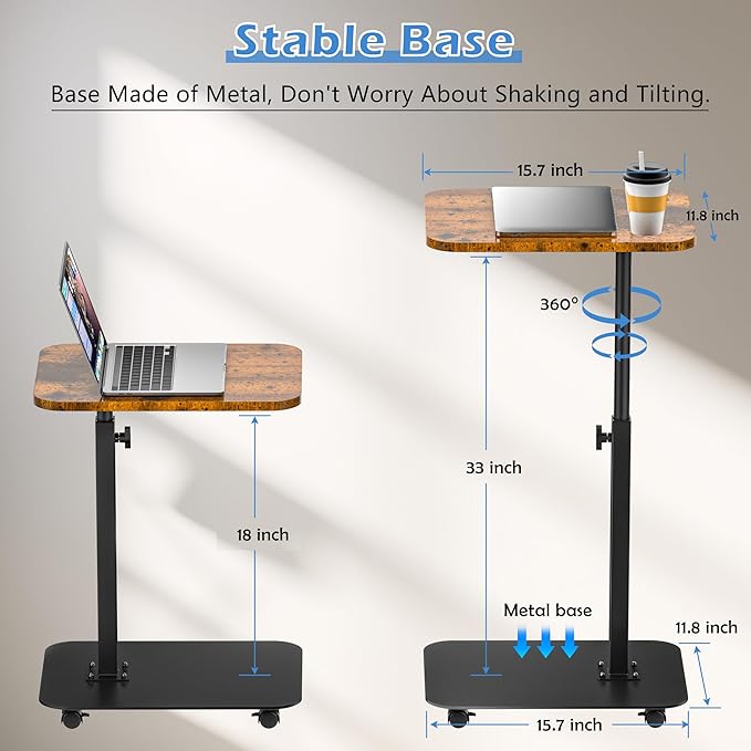 TV Tray Table Heavy Metal Base with Wheel Swivel/Adjustable Height Couch Table, Sofa Arm End Side Table for Living Room and Bedroom, Bed or Small Spaces