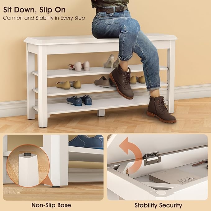 Shoe Rack Bench Seat Rubberwood 3-Tier Wooden Storage Bench 550lbs Compact Mid-Century Modern Design for Entryway, Hallway, Closet, Front Door Entrance, Foyer