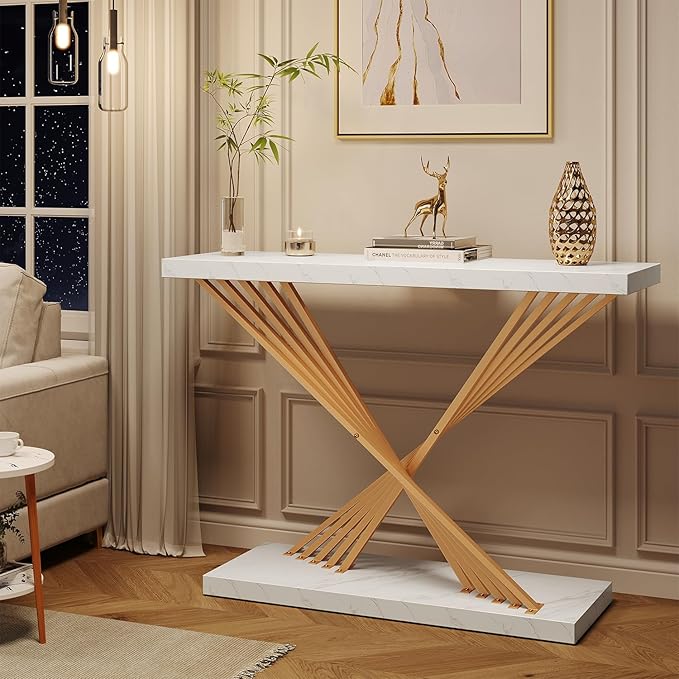 39.4 Inch Gold Console Table, White Faux Marble Modern Entryway Table Sofa Tables Behind The Couch for Entrance Hallway Living Room, X-Shape