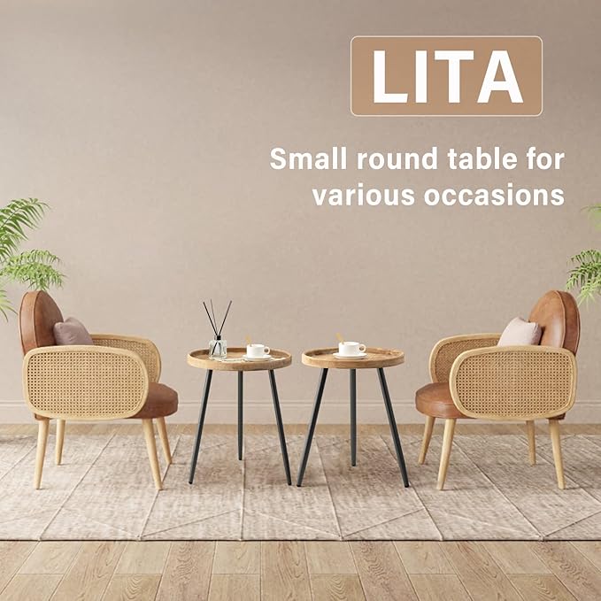 LITA 2 Pcs Round Side End Table, Nightstand Tables, Log Desktop, Wooden Tray Table with Black Metal Stand End Table for Living Room Bedroom Office Small Spaces (M)