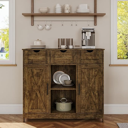 Storage Cabinet, Coffee Bar Cabinet with 2 Adjustable Shelves, 3 Drawers, and 2 Doors, for Bathroom, Kitchen, Living Room (Retro)