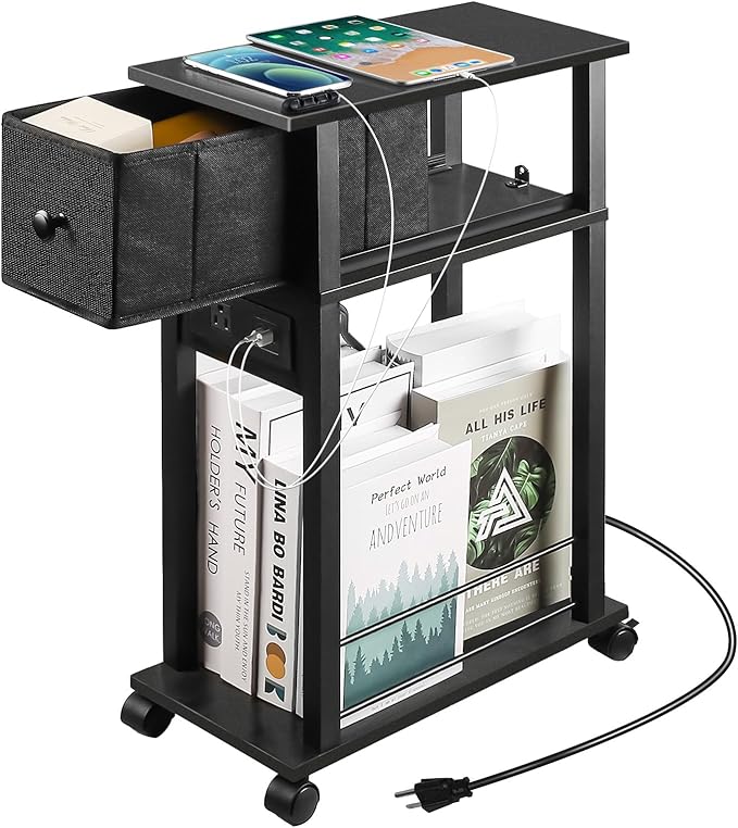 Side Table with Charging Station and Drawer, Narrow End Table with USB Ports and Outlets for Small Space, Living Room, Bedroom and Office, with 4 Wheels (1, Black)