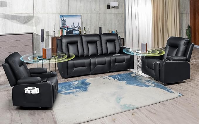 COMHOMA Furniture Bonded Leather Sofa with Massage,Cup Holder,Living Room Set Recliner Chair,3+1+1,Black