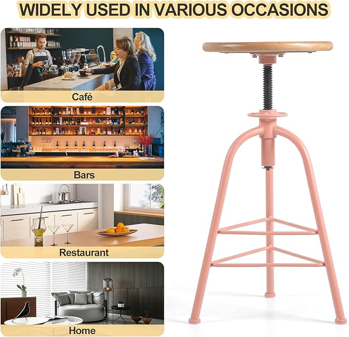 Set of 2 Modern Bar Stools-24.4-28.3 Counter Height Adjustable Patio Stool-Industrial Dining Stool for Home Kitchen-Retro Cafe Chairs with Swivel Wooden Seat