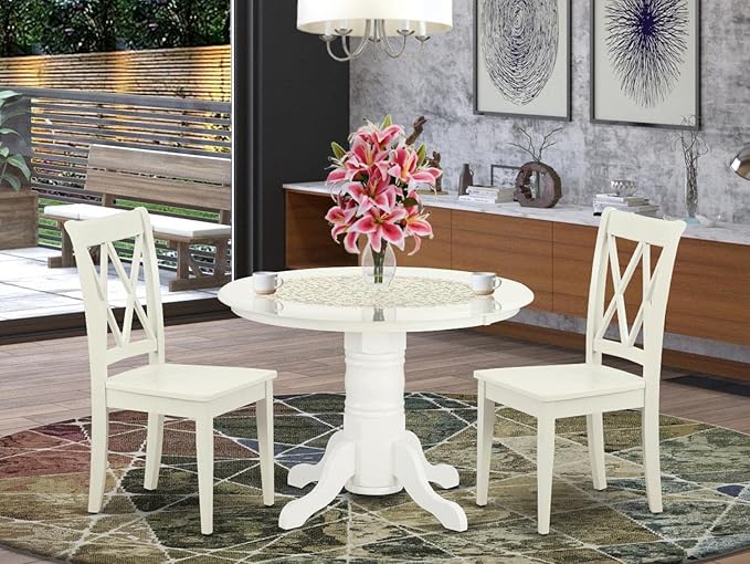 East West Furniture SHCL3-LWH-W 3 Piece Dining Table Set for Small Spaces Contains a Round Kitchen Table with Pedestal and 2 Dining Chairs, 42x42 Inch, Linen White