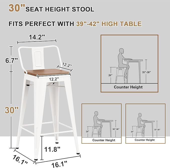 30 Inch Swivel Bar Stools Set of 4 with Backs Counter Height Industrial Metal Barstools Island Bar Chairs for Home Kitchen Dining Room (Swivel 30 inch, White Wooden)
