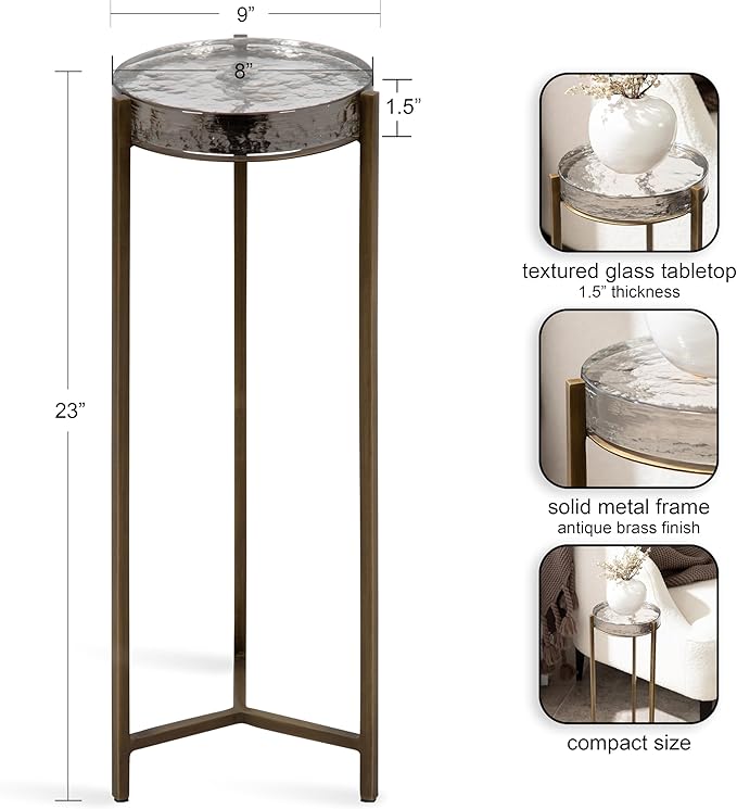 Kate and Laurel Aguilar Modern Drink Table; 9 x 9 x 23; Brass with Clear Glass; Detailed Glass Accent Table for Small Spaces