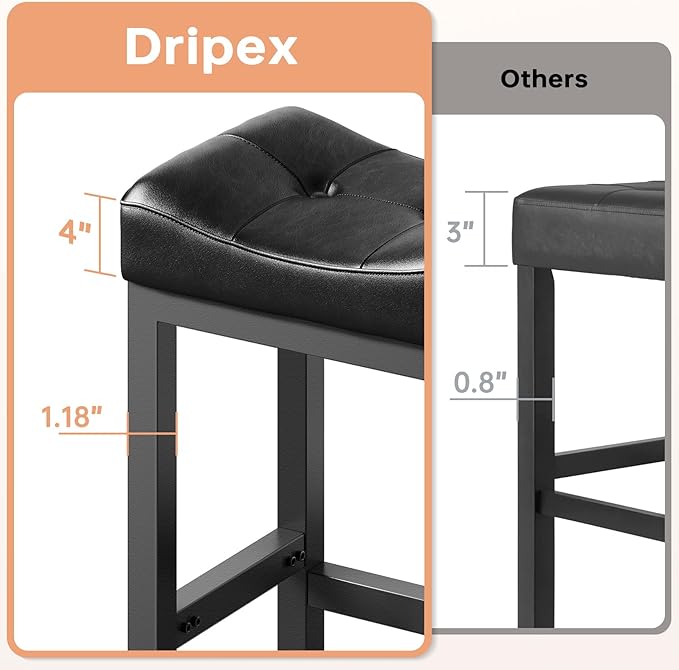 Dripex Modern Backless Bar Stools with 4" Thick Seats, Faux Leather Heavy Duty Saddle Counter Height Barstool with Solid Metal Legs for Kitchen Island, Black