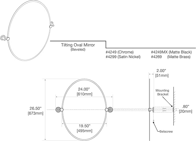 Gatco 4249MX Latitude II Oval Mirror, 26.5 Inch, Matte Black/Wall Mounted Frameless Oval Bathroom Vanity Mirror with Matte Black Brackets/Tilting Oval Mirror to Adjust Up or Down Viewing Angle