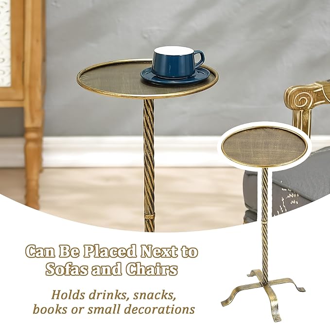Metal Martini Table, 27.75" Antique Gold Side Table with 4 Legs, Modern Small Round Drink Table for Small Spaces Livng Room Sofa Couch Patio
